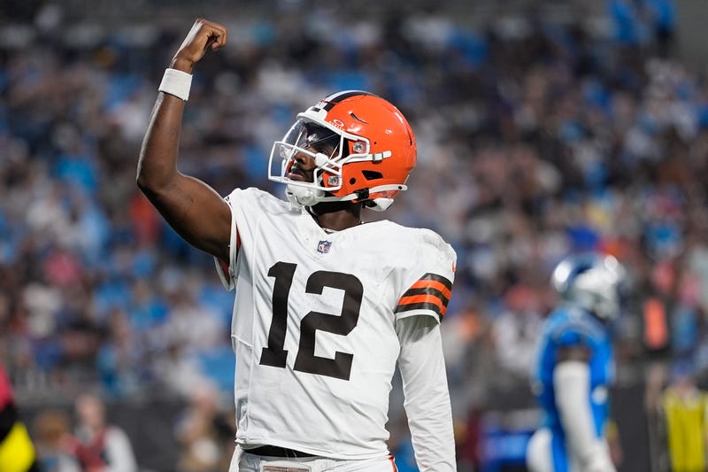 Charlotte, North Carolina, USA; Cleveland Browns quarterback Shedeur Sanders (12) celebrates his touchdown pass against the Carolina Panthers during the second quarter at Bank of America Stadium.