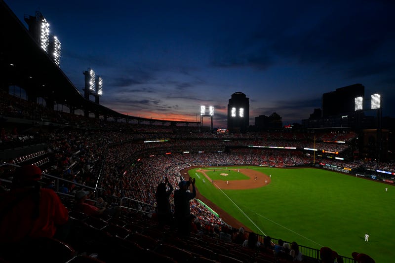 A general view of Busch Stadium as the sun sets during the fifth inning of a game between the St. Louis Cardinals and the Chicago Cubs at Busch Stadium.