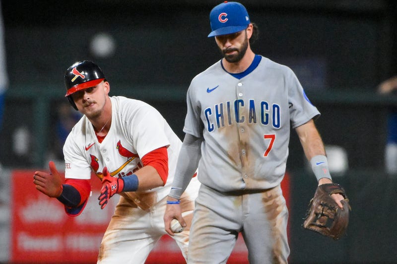 St. Louis Cardinals third baseman Nolan Gorman (16) reacts after hitting a one run single against the Chicago Cubs during the seventh inning at Busch Stadium