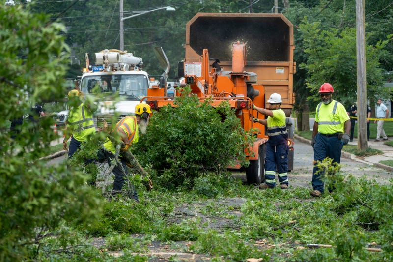 Department of Public Works members clean branches and leaves after a tree fell on Sussex Road in Teaneck on Thursday, Aug. 14, 2025