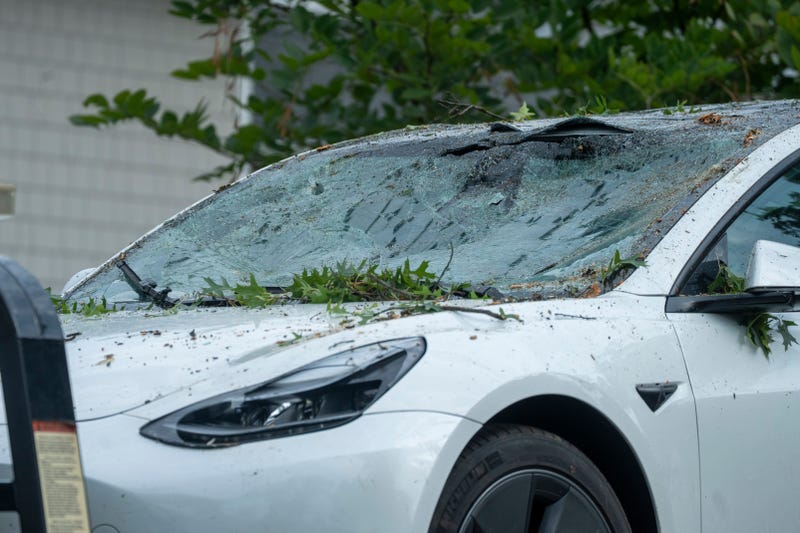 A broken windshield of a vehicle after a tree fell on Sussex Road in Teaneck on Thursday, Aug. 14, 2025