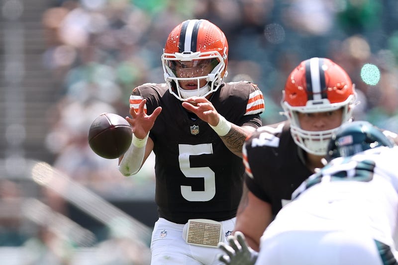Aug 16, 2025; Philadelphia, Pennsylvania, USA; Cleveland Browns quarterback Dillon Gabriel (5) snaps the ball against the Philadelphia Eagles during the first quarter at Lincoln Financial Field.