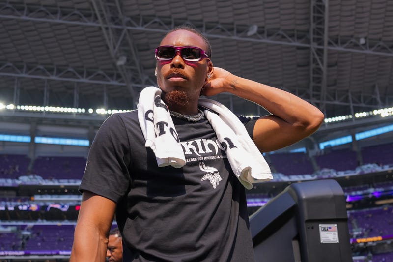 Minnesota Vikings wide receiver Justin Jefferson (18) leaves the field after the game against the New England Patriots at U.S. Bank Stadium.