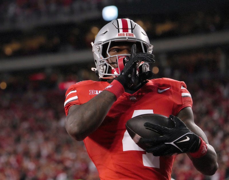 Sept. 7, 2024; Columbus, Ohio, USA; Ohio State Buckeyes wide receiver Jeremiah Smith (4) celebrates after scoring a touchdown during the first half of an NCAA Division I football game on Saturday at Ohio Stadium.