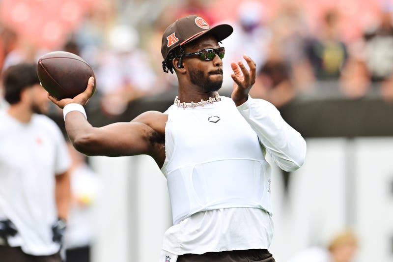Aug 23, 2025; Cleveland, Ohio, USA; Cleveland Browns quarterback Shedeur Sanders (12) warms up before the game between the Browns and the Rams at Huntington Bank Field.