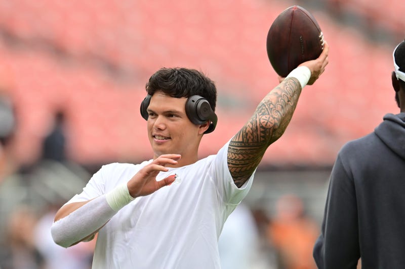 Aug 23, 2025; Cleveland, Ohio, USA; Cleveland Browns quarterback Dillon Gabriel (5) warms up before the game between the Browns and the Rams at Huntington Bank Field.