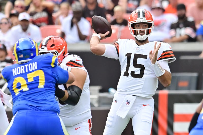 Aug 23, 2025; Cleveland, Ohio, USA; Cleveland Browns quarterback Joe Flacco (15) throws a pass during the first quarter against the Los Angeles Rams at Huntington Bank Field.