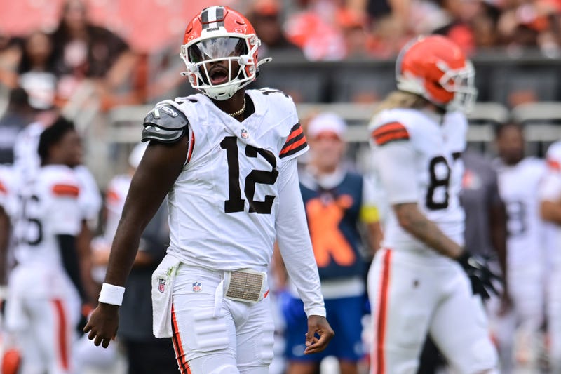 Aug 23, 2025; Cleveland, Ohio, USA; Cleveland Browns quarterback Shedeur Sanders (12) reacts during the second half against the Los Angeles Rams at Huntington Bank Field.