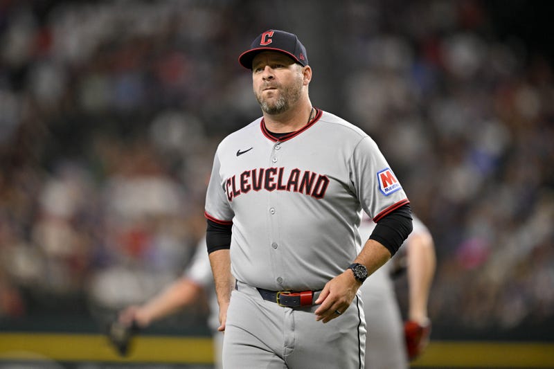 Aug 24, 2025; Arlington, Texas, USA; Cleveland Guardians manager Stephen Vogt (12) walks back to the dugout during the fourth inning against the Texas Rangers at Globe Life Field.