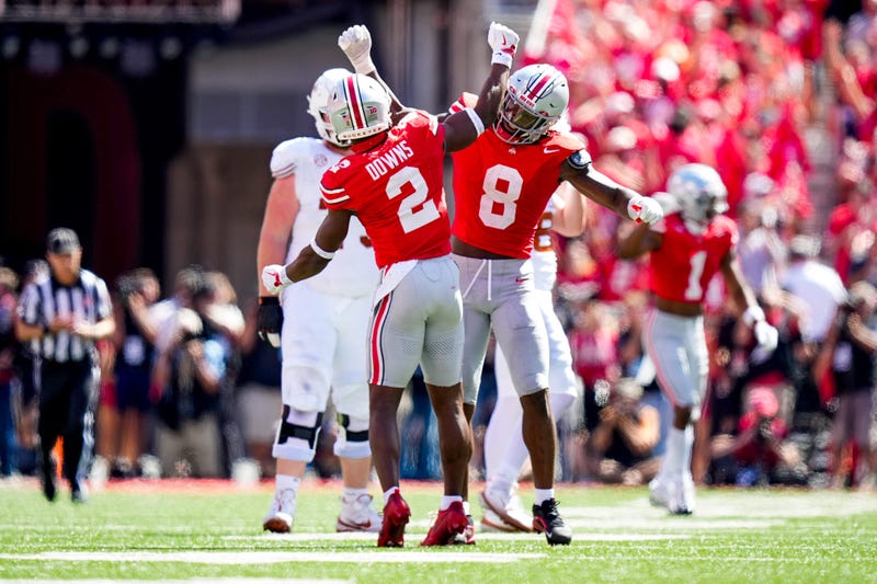 Ohio State Buckeyes safety Caleb Downs (2) and linebacker Arvell Reese (8) celebrate in the second half at Ohio Stadium on Saturday, Aug. 30, 2025 in Columbus, Ohio. © Samantha Madar/Columbus Dispatch / USA TODAY NETWORK via Imagn Images