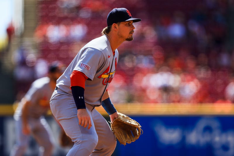St. Louis Cardinals third baseman Nolan Gorman (16) prepares for the pitch in the first inning against the Cincinnati Reds at Great American Ball Park.