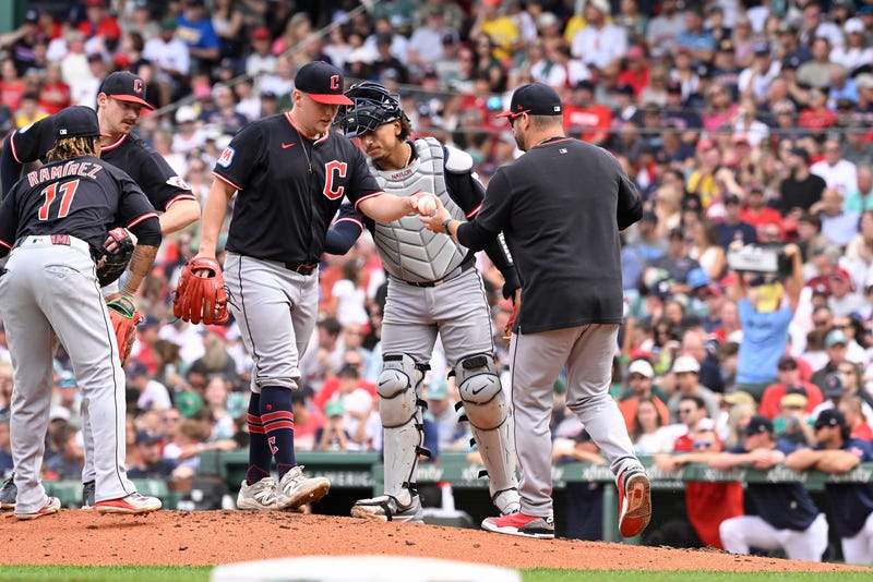 Sep 1, 2025; Boston, Massachusetts, USA; Cleveland Guardians associate manager Craig Albernaz (55) relieves starting pitcher Parker Messick (77) of the ball during the fourth inning against the Boston Red Soxat Fenway Park. 