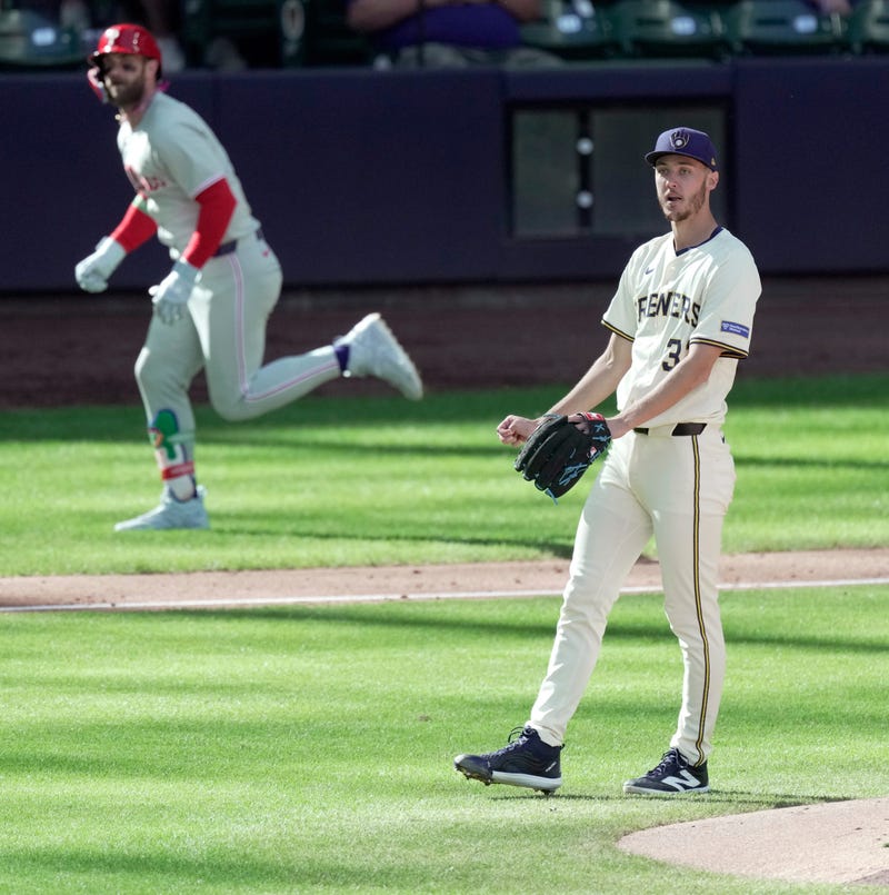 Milwaukee Brewers pitcher Jacob Misiorowski (32) watches a solo home run by Philadelphia Phillies first baseman Bryce Harper (3) during the fourth inning of their game Monday, September 1, 2025 at American Family Field in Milwaukee, Wisconsin.