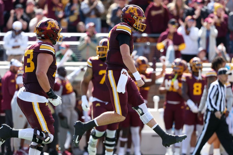 Minnesota Golden Gophers quarterback Drake Lindsey (5) celebrates a touchdown against the Northwestern State Demons during the second quarter at Huntington Bank Stadium.