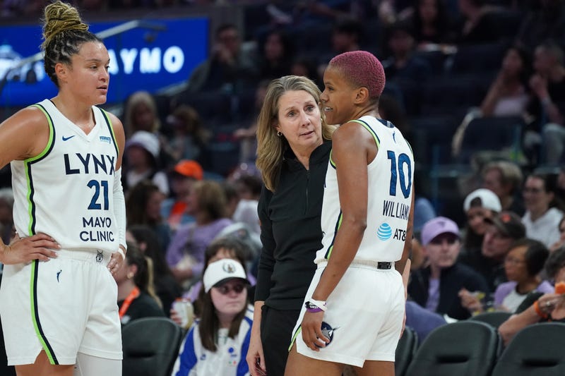 Minnesota Lynx head coach Cheryl Reeve talks with Minnesota Lynx guard Courtney Williams (10) and guard Kayla McBride (21), and she knows trying to get up 2-0 over Phoenix will be a battle Tuesday night at Target Center. 