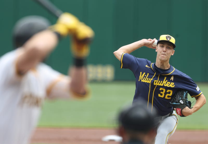 Sep 7, 2025; Pittsburgh, Pennsylvania, USA; Milwaukee Brewers starting pitcher Jacob Misiorowski (32) delivers a pitch to Pittsburgh Pirates shortstop Jared Triolo (19) during the first inning at PNC Park. Mandatory Credit: Charles LeClaire-Imagn Images