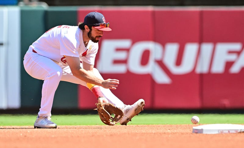 St. Louis Cardinals second baseman Thomas Saggese (25) fields a grounder up the middle and throws out San Francisco Giants outfielder Heliot Ramos (not shown) at first base in the fourth inning at Busch Stadium.