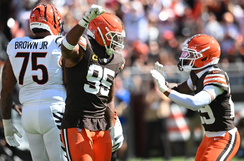 Sep 7, 2025; Cleveland, Ohio, USA; Cleveland Browns defensive end Myles Garrett (95) celebrates after a play during the second half against the Cincinnati Bengals at Huntington Bank Field. Mandatory Credit: Ken Blaze-Imagn Images
