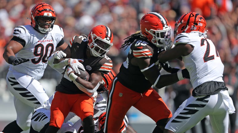 Cleveland Browns running back Dylan Sampson (22) pushes forward for a short pickup during the second half of an NFL football game at Huntington Bank Field, Sept. 7, 2025, in Cleveland, Ohio.