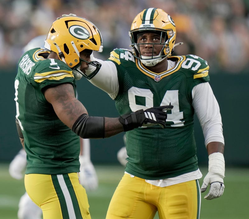 Green Bay Packers defensive end Karl Brooks (94) is shown with defensive end Micah Parsons (1) during the fourth quarter of their game Sunday, September 7, 2025 at Lambeau Field in Green Bay, Wisconsin. The Green Bay Packers beat the Detroit Lions 27-13.