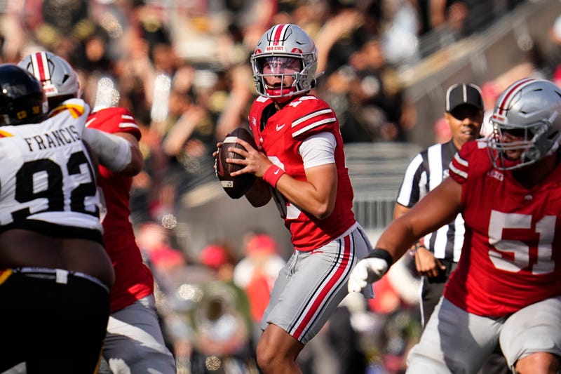 Ohio State Buckeyes quarterback Julian Sayin (10) looks to pass during the first half of the NCAA football game against the Grambling State Tigers at Ohio Stadium on Sept. 6, 2025.