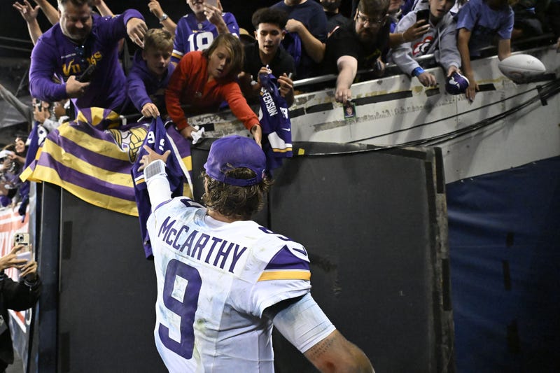 Minnesota Vikings quarterback J.J. McCarthy (9) reacts after defeating the Chicago Bears at Soldier Field. Now, he's welcoming his first child this week.
