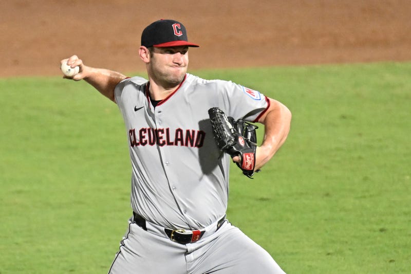 Sep 5, 2025; St. Petersburg, Florida, USA; Cleveland Guardians starting pitcher Gavin Williams (32) throws a pitch in the second inning against the Tampa Bay Rays at George M. Steinbrenner Field.