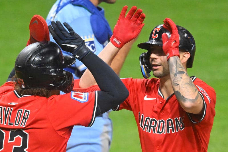 Sep 11, 2025; Cleveland, Ohio, USA; Cleveland Guardians right fielder CJ Kayfus (63) celebrates his two-run home run with catcher Bo Naylor (23) in the eighth inning against the Kansas City Royals at Progressive Field.
