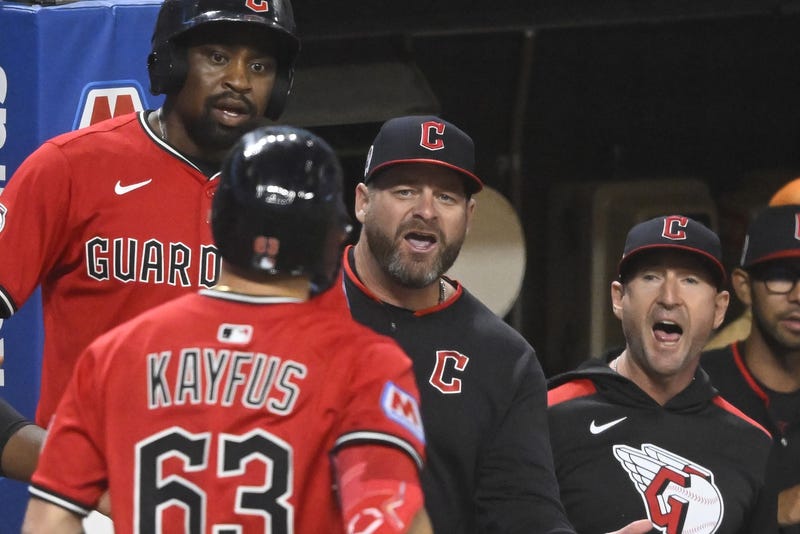 Sep 11, 2025; Cleveland, Ohio, USA; Cleveland Guardians right fielder CJ Kayfus (63) is greeted by manager Stephen Vogt (12) after hitting a two-run home run in the eighth inning against the Kansas City Royals at Progressive Field.