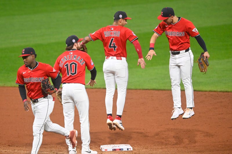 Sep 11, 2025; Cleveland, Ohio, USA; The Cleveland Guardians celebrate a win over the Kansas City Royals at Progressive Field.