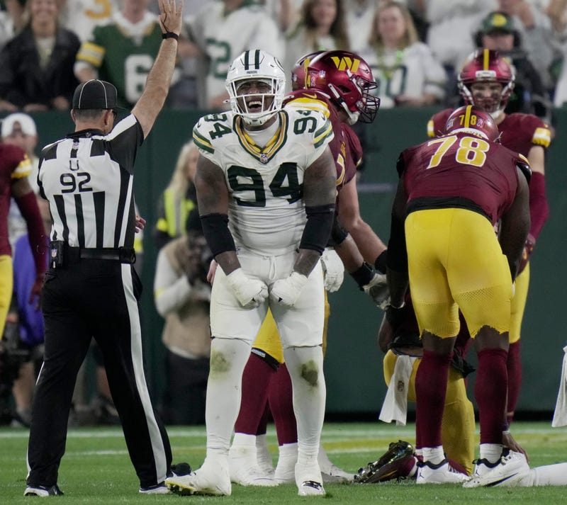 Green Bay Packers defensive end Karl Brooks (94) is shown after making a tackle for a loss during the fourth quarter of their game Thursday, September 11, 2025 at Lambeau Field in Green Bay, Wisconsin. The Green Bay Packers beat the Washington Commanders 27-18