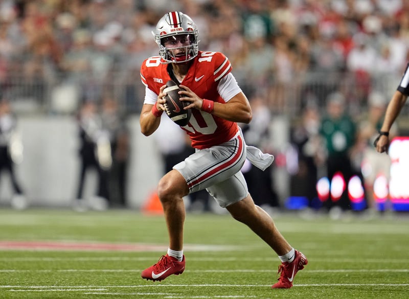Ohio State Buckeyes quarterback Julian Sayin (10) runs during the first half of the NCAA football game against the Ohio Bobcats at Ohio Stadium on Sept. 13, 2025.