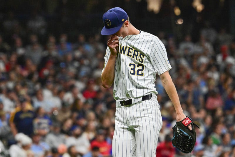 Sep 13, 2025; Milwaukee, Wisconsin, USA; Milwaukee Brewers starting pitcher Jacob Misiorowski (32) walks off the mound after pitching in the third inning against the St. Louis Cardinals at American Family Field. Mandatory Credit: Benny Sieu-Imagn Images
