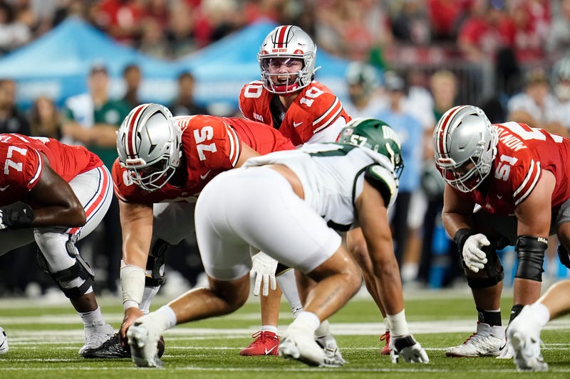 Ohio State Buckeyes quarterback Julian Sayin (10) lines up behind offensive lineman Carson Hinzman (75) during the second half of the NCAA football game against the Ohio Bobcats at Ohio Stadium on Sept. 13, 2025. Ohio State won 37-9.