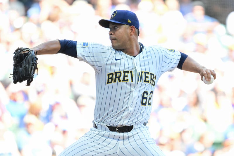 Sep 14, 2025; Milwaukee, Wisconsin, USA; Milwaukee Brewers starting pitcher Jose Quintana (62) throws against the St. Louis Cardinals in the first inning at American Family Field. Mandatory Credit: Benny Sieu-Imagn Images