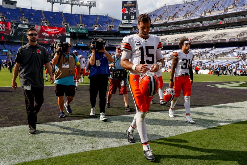 Sep 14, 2025; Baltimore, Maryland, USA; Cleveland Browns quarterback Joe Flacco (15) walks off the field after the game against Baltimore Ravens at M&T Bank Stadium. 