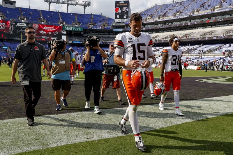 Sep 14, 2025; Baltimore, Maryland, USA; Cleveland Browns quarterback Joe Flacco (15) walks off the field after the game against Baltimore Ravens at M&T Bank Stadium.