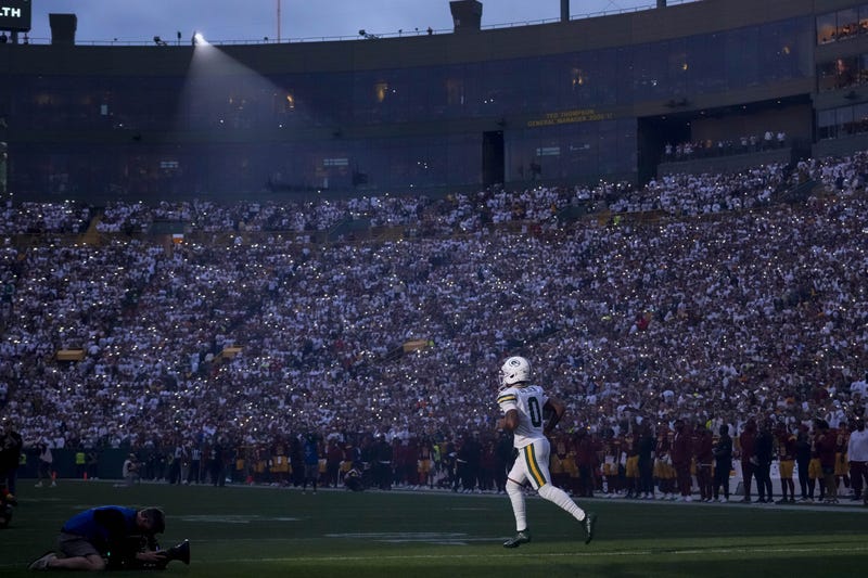 Sep 11, 2025; Green Bay, Wisconsin, USA; Green Bay Packers wide receiver Matthew Golden (0) runs onto the field prior to the game against the Washington Commanders at Lambeau Field. Mandatory Credit: Jeff Hanisch-Imagn Images