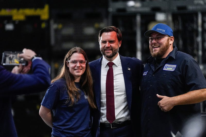 Vice President JD Vance poses for a photo at Hatch Stamping in Howell 