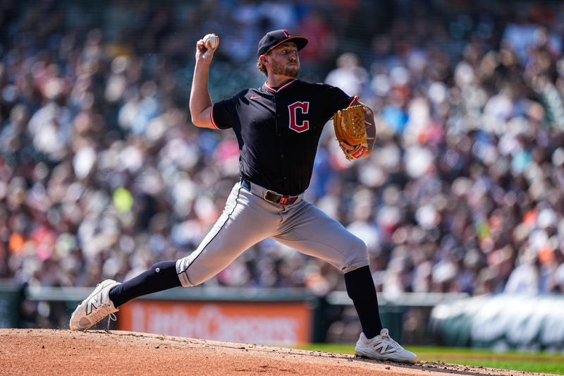 Cleveland Guardians pitcher Tanner Bibee (28) throws against Detroit Tigers during the first inning at Comerica Park in Detroit on Thursday, Sept. 18, 2025.
