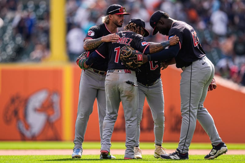 Cleveland Guardians players huddle after 3-1 win over Detroit Tigers at Comerica Park in Detroit on Thursday, Sept. 18, 2025.