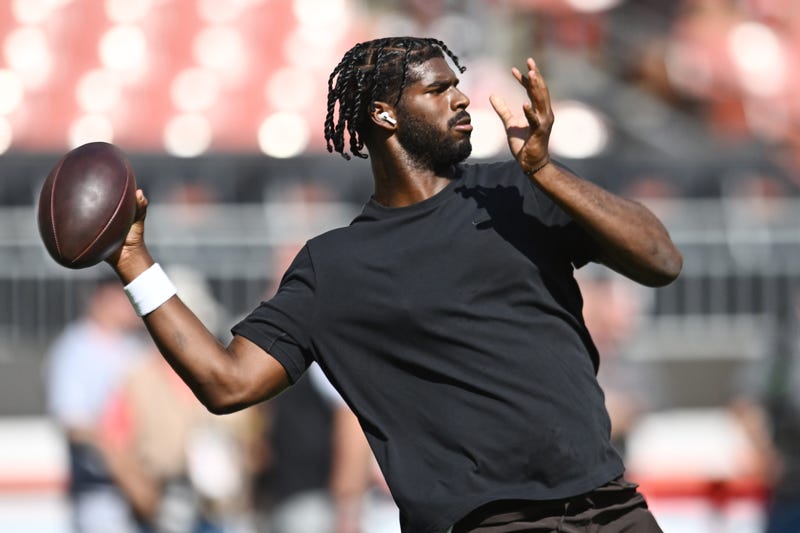 Sep 21, 2025; Cleveland, Ohio, USA; Cleveland Browns quarterback Shedeur Sanders (12) warms up before the game between the Browns and the Green Bay Packers at Huntington Bank Field.