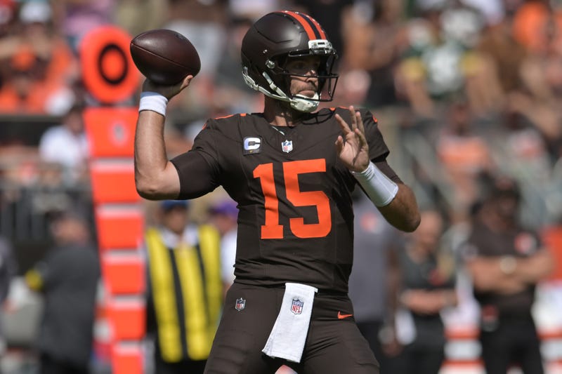 Sep 21, 2025; Cleveland, Ohio, USA; Cleveland Browns quarterback Joe Flacco (15) throws a pass against the Green Bay Packers during the first quarter at Huntington Bank Field.