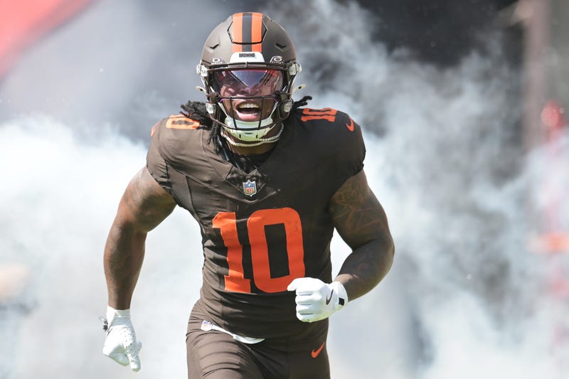 Sep 21, 2025; Cleveland, Ohio, USA; Cleveland Browns running back Quinshon Judkins (10) is introduced before the game between the Browns and the Green Bay Packers at Huntington Bank Field