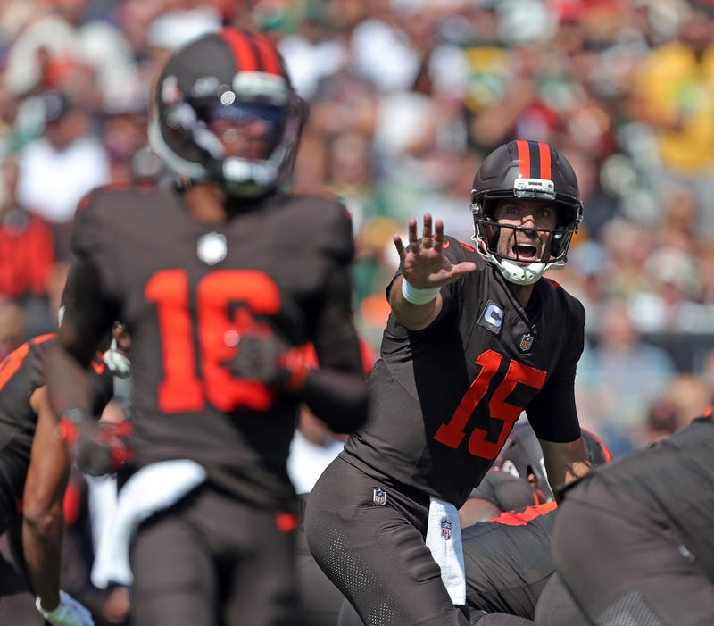 Cleveland Browns quarterback Joe Flacco (15) shouts to wide receiver Isaiah Bond (16) during the first half of an NFL football game at Huntington Bank Field, Sept. 21, 2025, in Cleveland, Ohio.