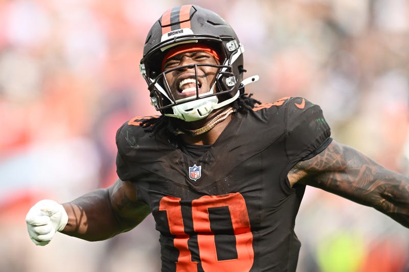 Sep 21, 2025; Cleveland, Ohio, USA; Cleveland Browns running back Quinshon Judkins (10) celebrates after scoring a touchdown against the Green Bay Packers during the fourth quarter at Huntington Bank Field