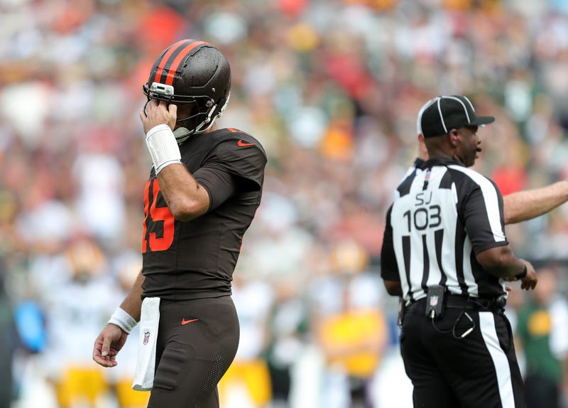Cleveland Browns quarterback Joe Flacco (15) reacts after an offensive penalty was called in the red zone during the second half of an NFL football game against the Green Bay Packers at Huntington Bank Field, Sept. 21, 2025, in Cleveland, Ohio.