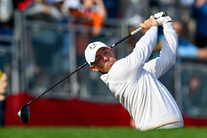 Sep 26, 2025; Bethpage, New York, USA; Rory McIlroy tees off on the first hole of the practice round on the first day of competition for the Ryder Cup at Bethpage Black. 