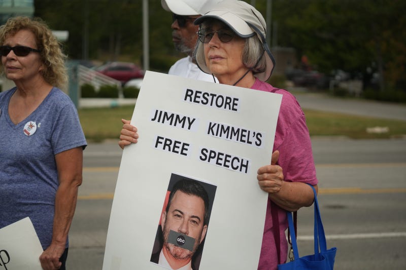 A woman holds a sign supporting Jimmy Kimmel Sept. 23 as the local justice and human rights advocacy group Indivisible Central Ohio held a protest outside Columbus' ABC affiliate station WSYX ABC 6 & WTTE FOX 28 in protest of the company's Sept. 17 suspension of Jimmy Kimmel's late-night show.