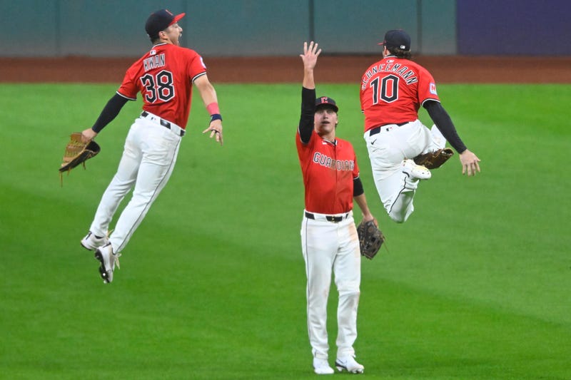 Sep 23, 2025; Cleveland, Ohio, USA; The Cleveland Guardians celebrate a win over the Detroit Tigers at Progressive Field. Mandatory Credit: David Richard-Imagn Images